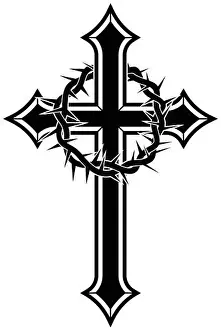 Pointy Prints: beautiful beveled classic stylized gothic christian cross crucifix with crown of thorns vector isolated on transparent