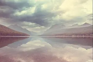 Natural Background Prints: Beautiful Bowman lake with reflection of the spectacular mountains in Glacier National Park