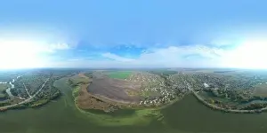 Beautiful bright landscape photography with drone on a autumn day at sunset. Aerial panorama countryside, fields, town