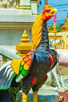 Phra Prints: Beautiful chicken statue in amazing colorful Wat Don Mueang Phra Arramluang buddhist temple in Bangkok Thailand