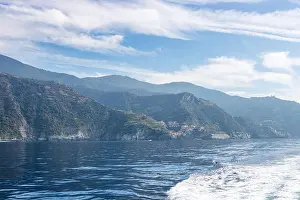 Liguria Prints: Beautiful cliffside of Cinque Terre and Amalfi Coast in Italy viewed from the sea