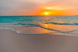Beautiful cloudscape seascape, sunrise sunset view. Calm sea waves splashing on soft sand, relaxing nature beach, tranquil summer landscape, inspire