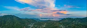 360 Degree View Prints: beautiful color of cloud and full moon in the sky in twilight above Chalong ocean