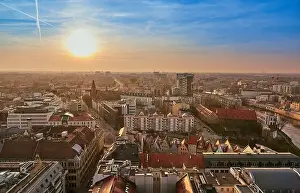 From The Sky Prints: Beautiful, colorful sunset over Wroclaw aerial view