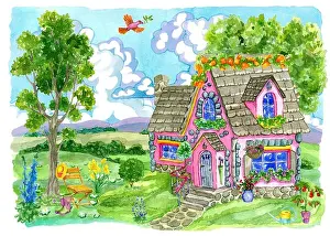 Scrapbooking Prints: Beautiful cottage house. Vintage country background with summer rural landscape