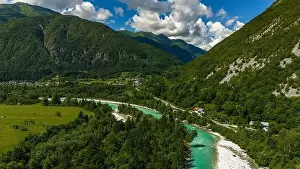 Beautiful Drone View of Soca River and Surrounding Mountains in Slovenia