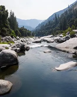 The beautiful Feather River, a tributary to the Sacramento River, flows through a scenic canyon in Northern California Sierra Nevada Mountains