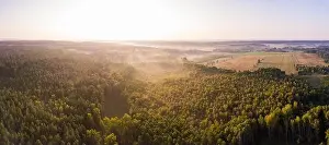 Foggy Landscape Prints: Beautiful foggy polish landscape photographed from drone. Drone view landscape