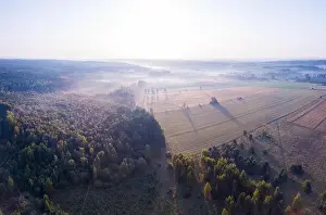 Foggy Landscape Prints: Beautiful foggy polish landscape photographed from drone. Drone view landscape