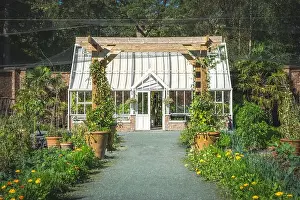 Allotment Prints: A beautiful formal walled garden with Victorian style greenhouse and vegetable patch in an English country garden