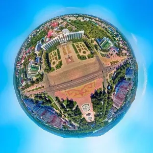 360 Degree View Prints: Beautiful futuristic panoramic (360 spherical panorama little planet) aerial drone view to city of Ust-Kamenogorsk (KZ)