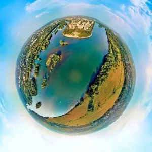 360 Degree View Prints: Beautiful futuristic panoramic (360 spherical panorama little planet) aerial drone view to city of Ust-Kamenogorsk (KZ)
