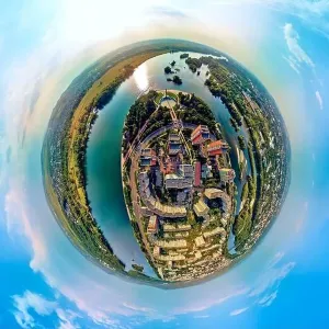 360 Degree View Prints: Beautiful futuristic panoramic (360 spherical panorama little planet) aerial drone view to city of Ust-Kamenogorsk (KZ)