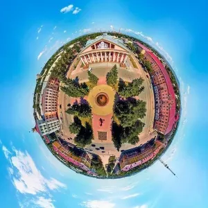 360 Degree View Prints: Beautiful futuristic panoramic (360 spherical panorama little planet) aerial drone view to city of Ust-Kamenogorsk (KZ)