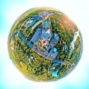 360 Degree View Prints: Beautiful futuristic panoramic (360 spherical panorama little planet) aerial drone view to city of Ust-Kamenogorsk (KZ)