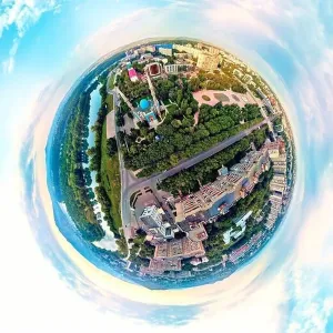 360 Degree View Prints: Beautiful futuristic panoramic (360 spherical panorama little planet) aerial drone view to city of Ust-Kamenogorsk (KZ)
