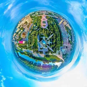 360 Degree View Prints: Beautiful futuristic panoramic (360 spherical panorama little planet) aerial drone view to city of Ust-Kamenogorsk (KZ)