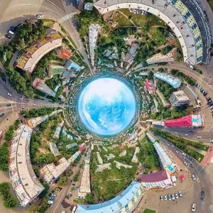 360 Degree View Prints: Beautiful futuristic panoramic (360 spherical panorama little planet) aerial drone view to city of Ust-Kamenogorsk (KZ)