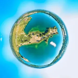 360 Degree View Prints: Beautiful futuristic panoramic (360 spherical panorama little planet) aerial drone view to city of Ust-Kamenogorsk (KZ)