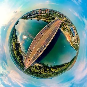 360 Degree View Prints: Beautiful futuristic panoramic (360 spherical panorama little planet) aerial drone view to city of Ust-Kamenogorsk (KZ)