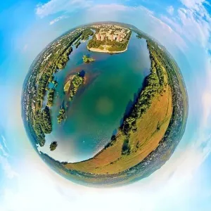 360 Degree View Prints: Beautiful futuristic panoramic (360 spherical panorama little planet) aerial drone view to city of Ust-Kamenogorsk (KZ)