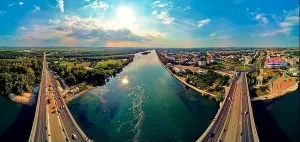 360 Degree View Prints: Beautiful futuristic panoramic aerial drone view to city of Ust-Kamenogorsk (KZ: Oskemen) and Irtysh river