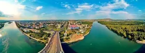 360 Degree View Prints: Beautiful futuristic panoramic aerial drone view to city of Ust-Kamenogorsk (KZ: Oskemen) and Irtysh river