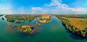 360 Degree View Prints: Beautiful futuristic panoramic aerial drone view to city of Ust-Kamenogorsk (KZ: Oskemen) and Irtysh river
