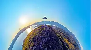 360 Degree View Prints: Beautiful futuristic panoramic aerial drone view to summer recreation facilities on the banks of the Bukhtarma