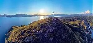 Beautiful futuristic panoramic aerial drone view to summer recreation facilities on the banks of the Bukhtarma