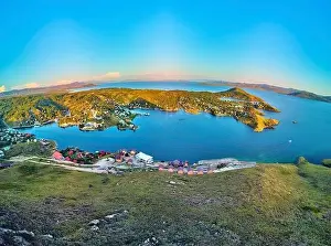 360 Degree View Prints: Beautiful futuristic panoramic aerial drone view to summer recreation facilities on the banks of the Bukhtarma