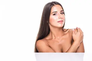 Rejuvenation Prints: Beautiful girl with nude make up posing at grey studio background