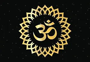 Beautiful Glowing Om or ohm or rum, with mandala in gold color shades for wall of Temples, Houses and for interior works etc. Hindu or hinduism symbol