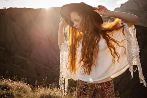 Freckles Prints: Beautiful hippie young beautiful woman with red hair dressed in boho style