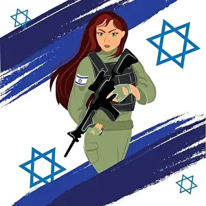 Design History Prints: Beautiful IDF girl with a machine gun in her hands on the background of the Israeli Flag vector illustration
