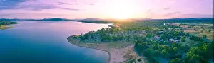 Murray River Prints: Beautiful lake and countryside at sunset - aerial panorama