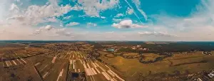 Flying Drone Prints: Beautiful landscape of the European plain with fields and a snaking river 2020 panorama