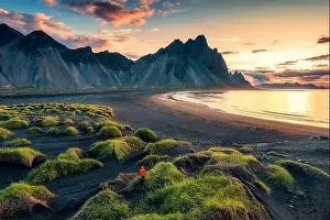 Beautiful landscape of sunrise over Vestrahorn mountain with clump of grass on black sand beach in Stokksnes peninsula