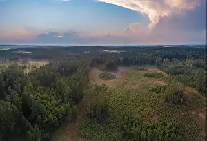 Storm Cloud Prints: Beautiful misty evening panoramic landscape photographed from drone. Magical atmosphere