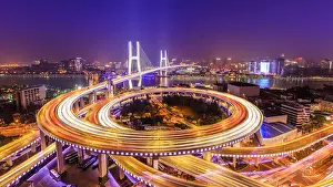 Junction Prints: beautiful nanpu bridge at night, crosses huangpu river, shanghai, China