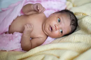 Alertness Prints: A beautiful newborn mixed race baby girl lying down wrapped in a pink blanket