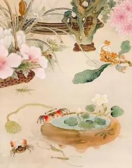 Watercolor Flowers Prints: Beautiful oriental floral design featuring charming crabs and a lobster