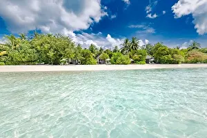 Beautiful palm tree on tropical island beach on background blue sky with white clouds and turquoise ocean on sunny day. Perfect natural landscape