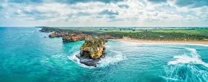 Beautiful panorama of Great Ocean Road ocean coastline with eroding rocks and turquoise water