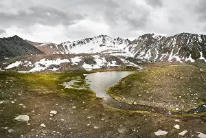 Beautiful panorama landscape of the glacier mountain lakes near Almaty city, Kazakhstan. Aerial shot with drone