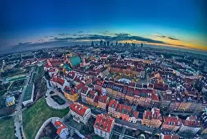 Beautiful panoramic aerial drone skyline sunset view of the Warsaw City Centre with skyscrapers of the Warsaw City