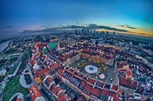 European Culture Prints: Beautiful panoramic aerial drone skyline sunset view of the Warsaw City Centre with skyscrapers of the Warsaw City