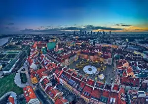 European Culture Prints: Beautiful panoramic aerial drone skyline sunset view of the Warsaw City Centre with skyscrapers of the Warsaw City