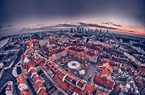 European Culture Prints: Beautiful panoramic aerial drone skyline sunset view of the Warsaw City Centre with skyscrapers of the Warsaw City