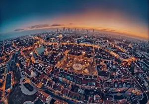 European Culture Prints: Beautiful panoramic aerial drone skyline sunset view of the Warsaw City Centre with skyscrapers of the Warsaw City